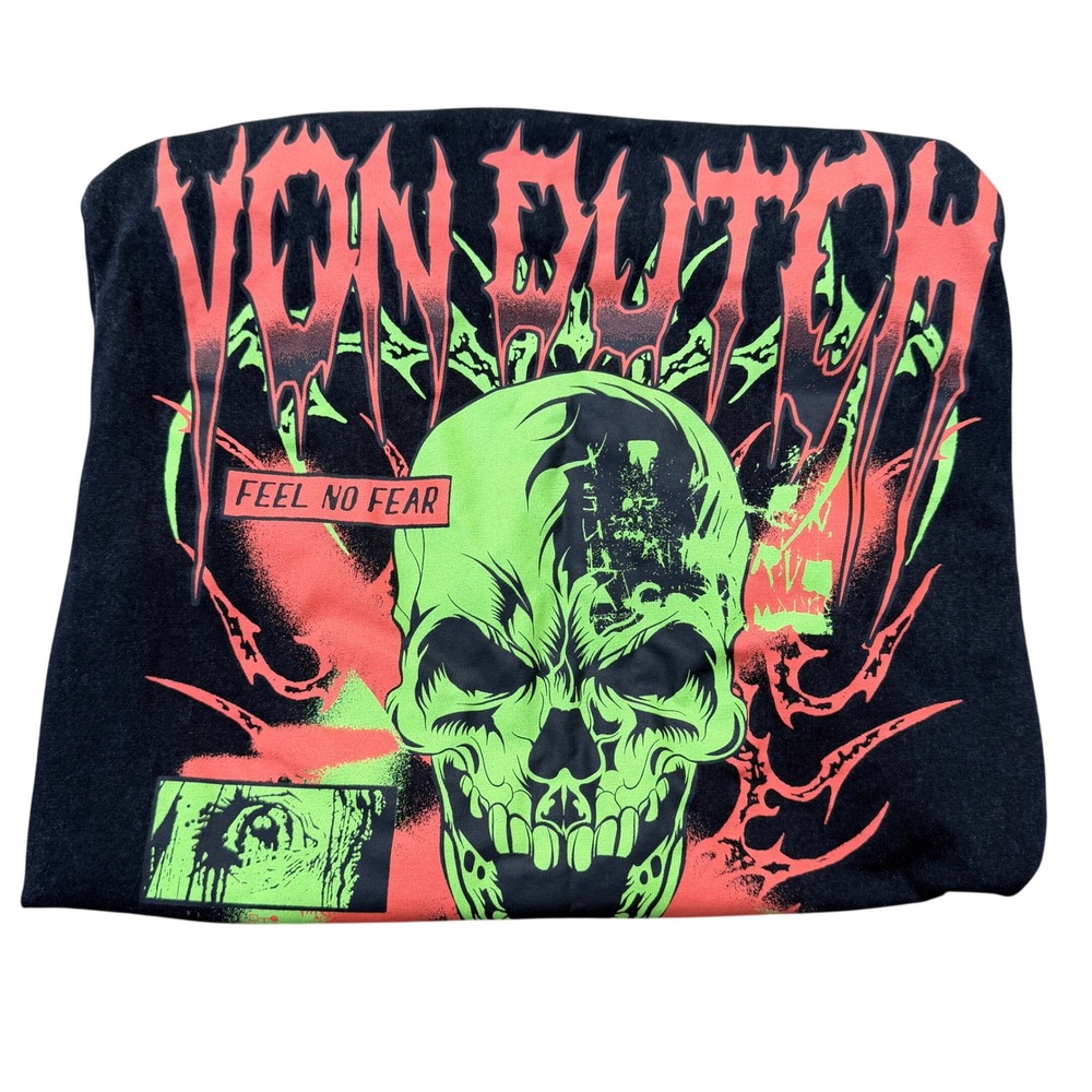 Von Dutch Feel No Fear Skull Graphic T Shirt Black Neon Front Back Size‎ Small